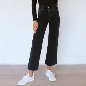 Aritzia Denim Forum Farrah high rise wide leg jeans 24 black eyeliner raw hem